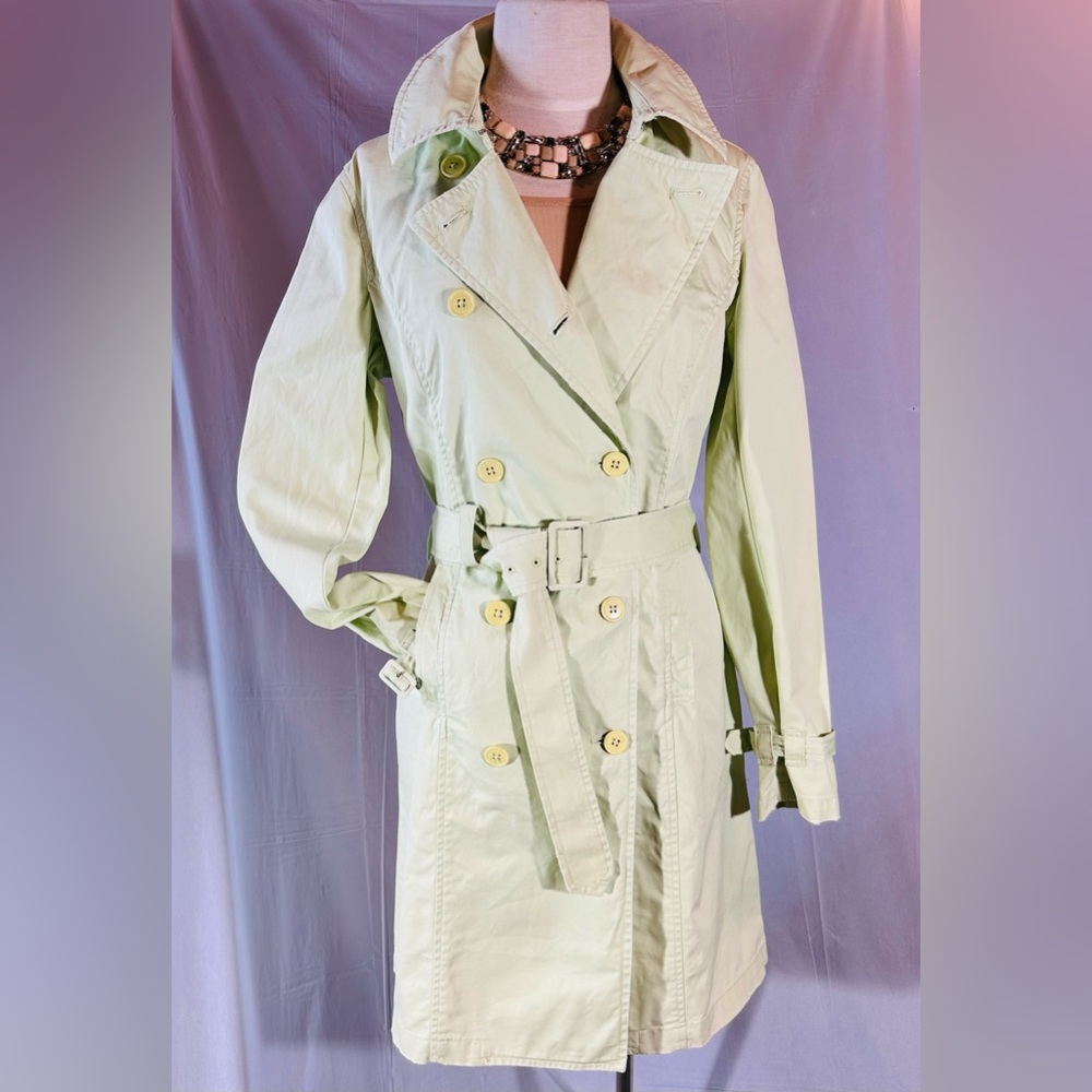 Guess Pale Green Pistachio Green Double-Breasted Trench Coat with Belt Unlined